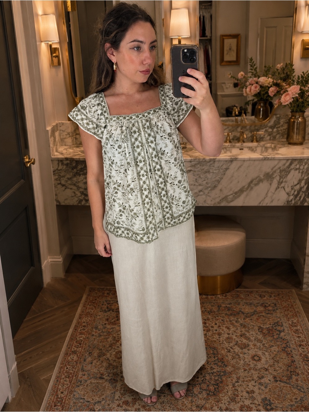 Max Studio Cream and Sage Floral Square-Neck Blouse